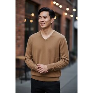 Jos A Bank Mens Cashmere V Neck Sweater Brown Medium Soft Knit Pullover‎